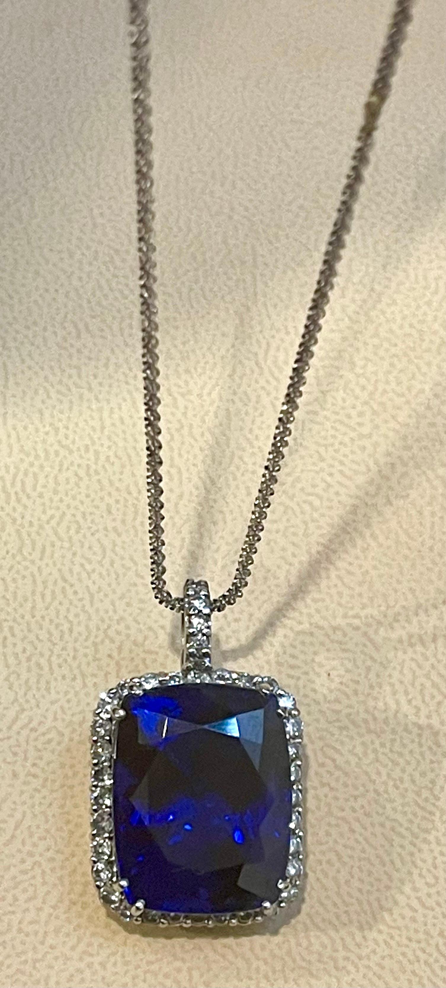37.5 Carat Tanzanite Necklace & Diamond Pendant with Chain 14 Karat White Gold For Sale 12