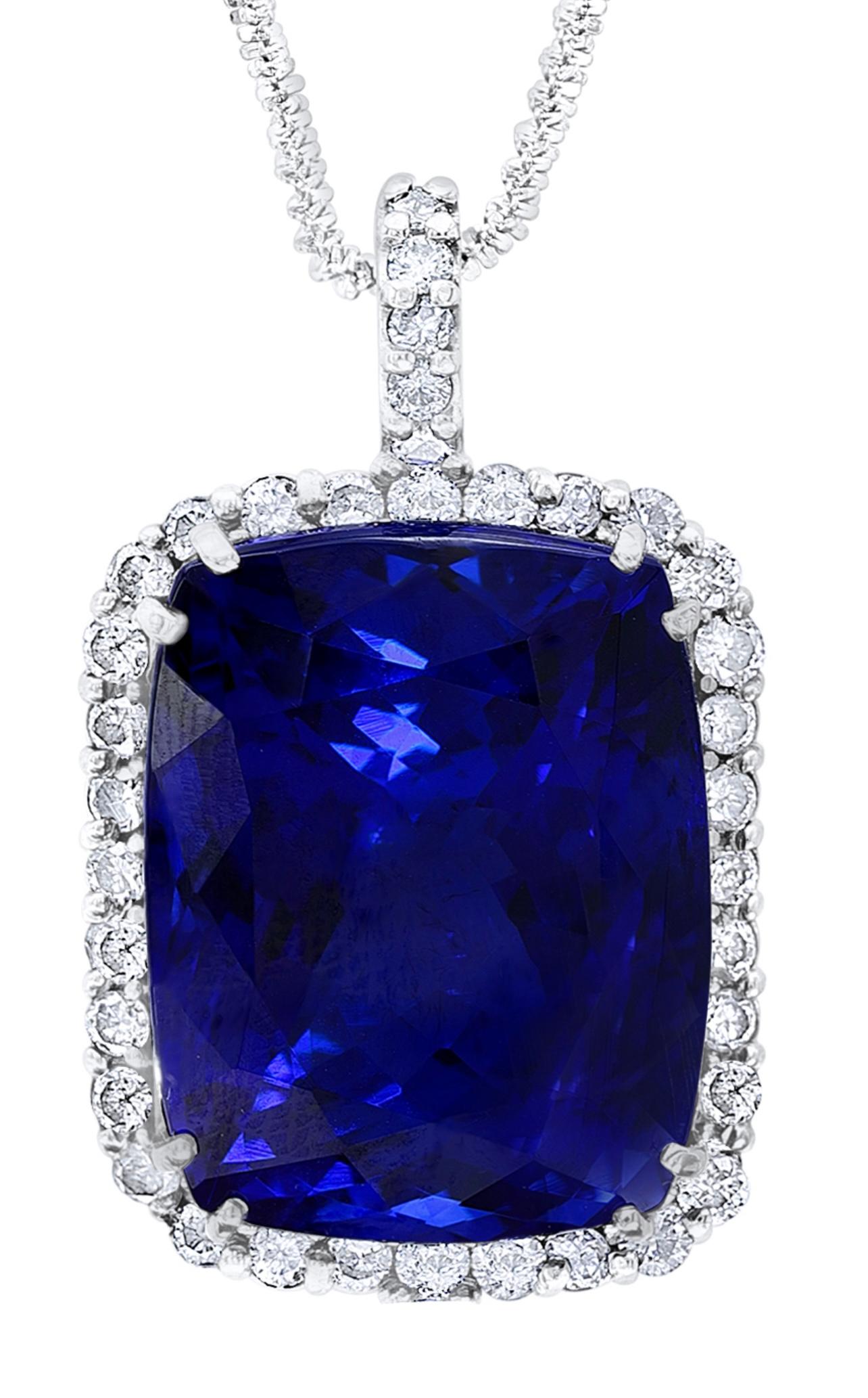 This extraordinary, 37.5 carat tanzanite is truly an extraordinary gemstone. There are  total  of 1.5 carats of shimmering white diamonds, this brilliant cushion-cut gem exhibits the rich violetish-blue color for which these stones are known and so