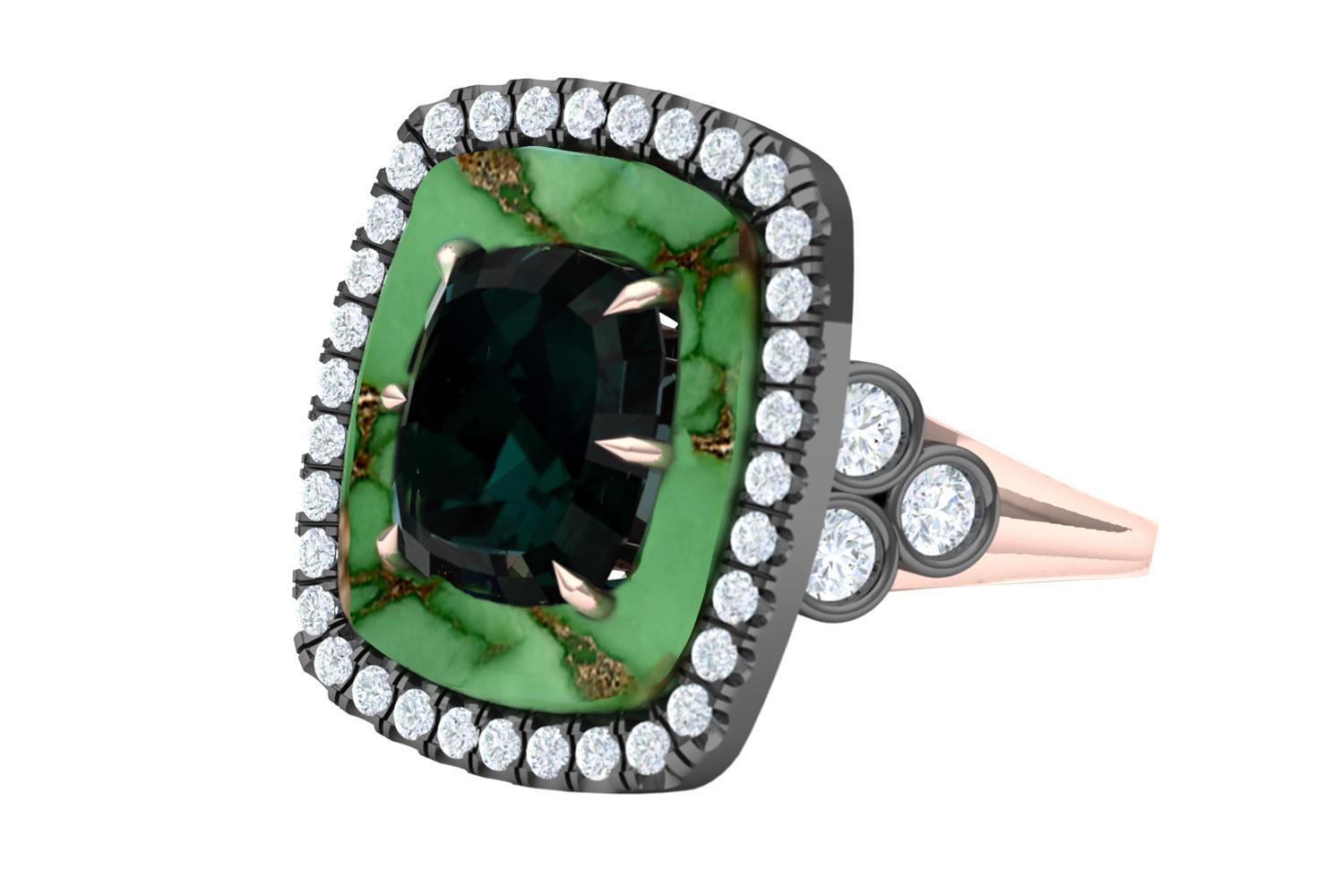 This stunning combination of old stock Montana sapphire has a center cushion cut that's a deep blue green sapphire.  The center weighs just over 3 carats and has a gorgeous color when the light hits it.  The center stone has a custom cut green