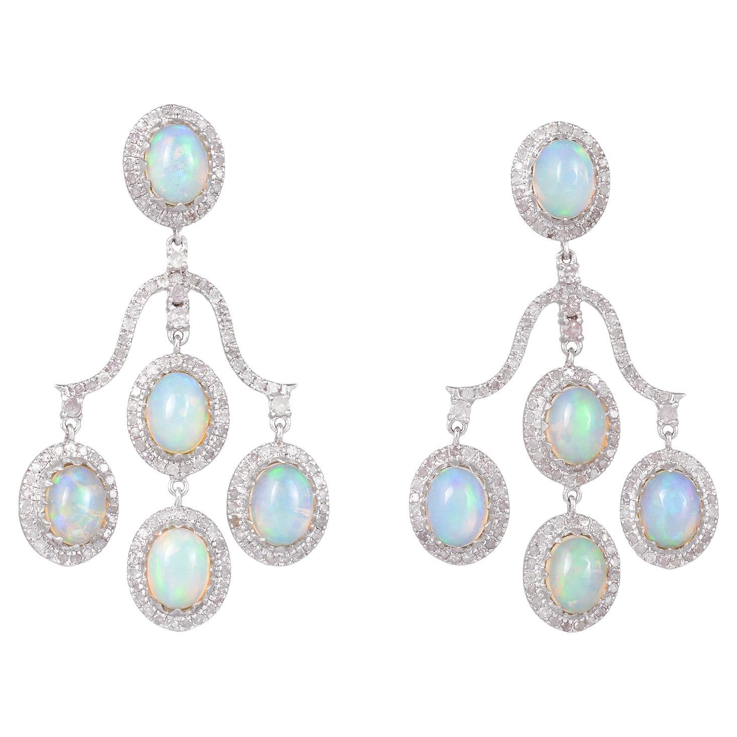 3.75 Carats Diamond and 2.52 Gms Gold and 925 Silver Diamond Opal Earring For Sale