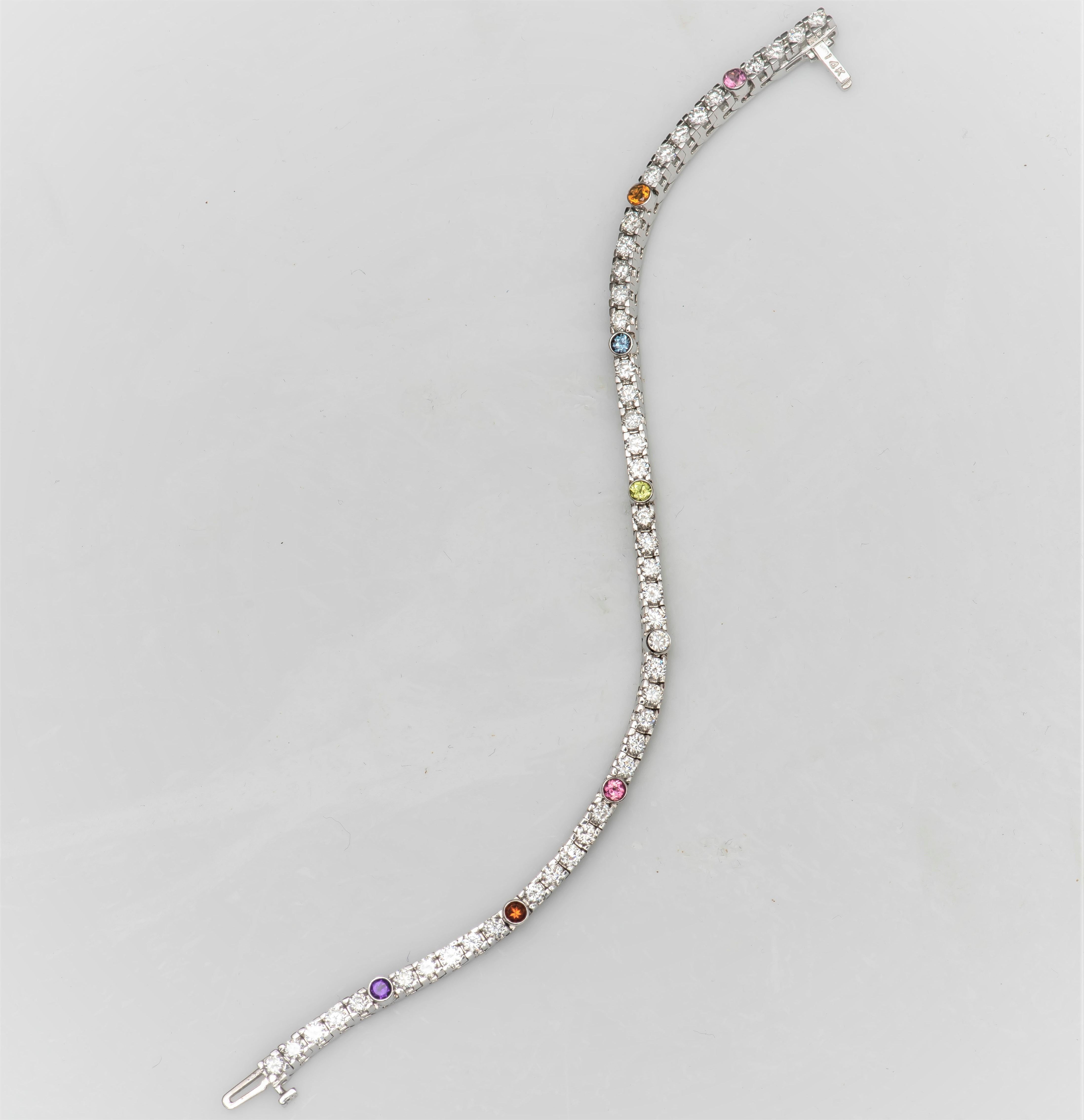 3.75 Carat Total Round Diamonds and Multicolored Accent Stones, Tennis Bracelet In New Condition In Houston, TX