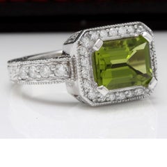 3,75 Karat natürlicher, sehr schön aussehender Peridot und Diamant 14K massiver Weißgold Ring