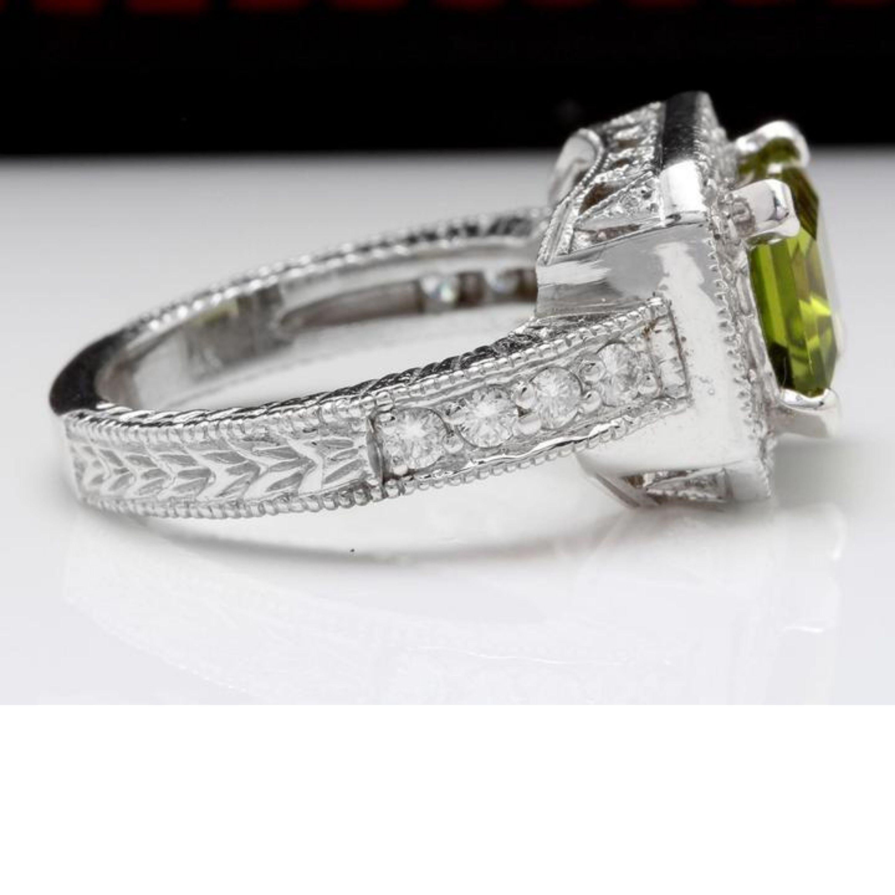 Mixed Cut 3.75 Ct Natural Very Nice Looking Peridot and Diamond 14K Solid White Gold Ring For Sale