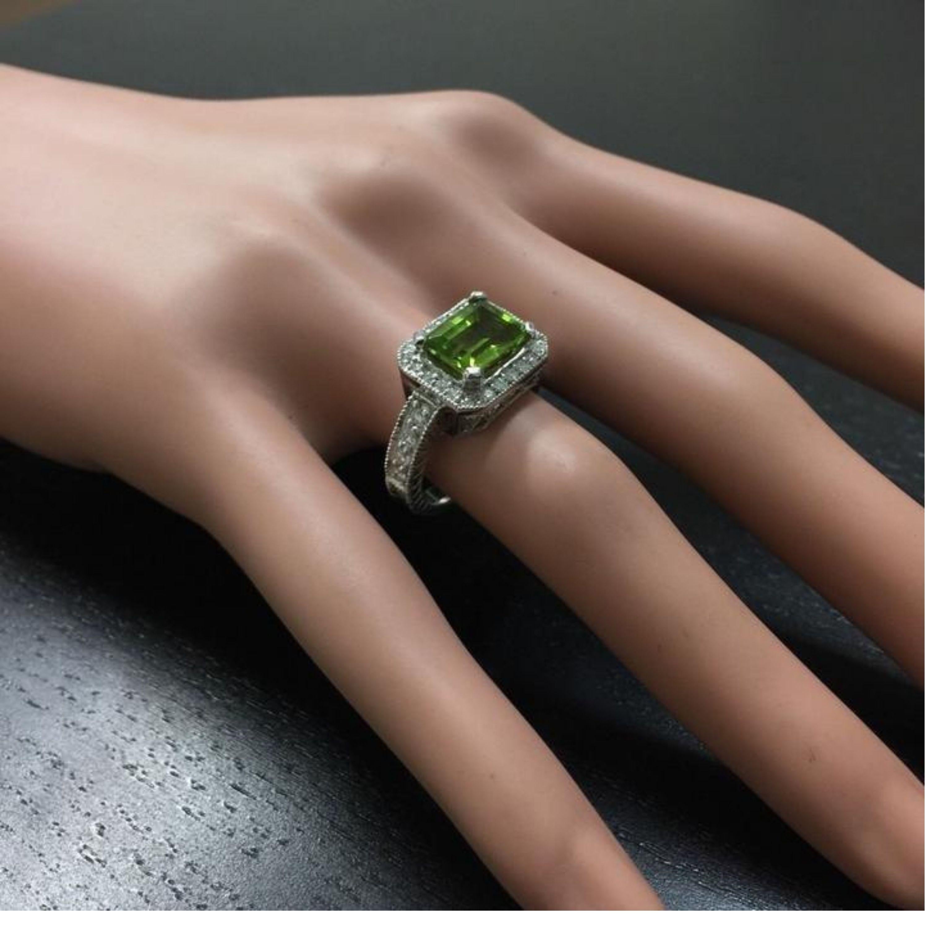 3.75 Ct Natural Very Nice Looking Peridot and Diamond 14K Solid White Gold Ring For Sale 2
