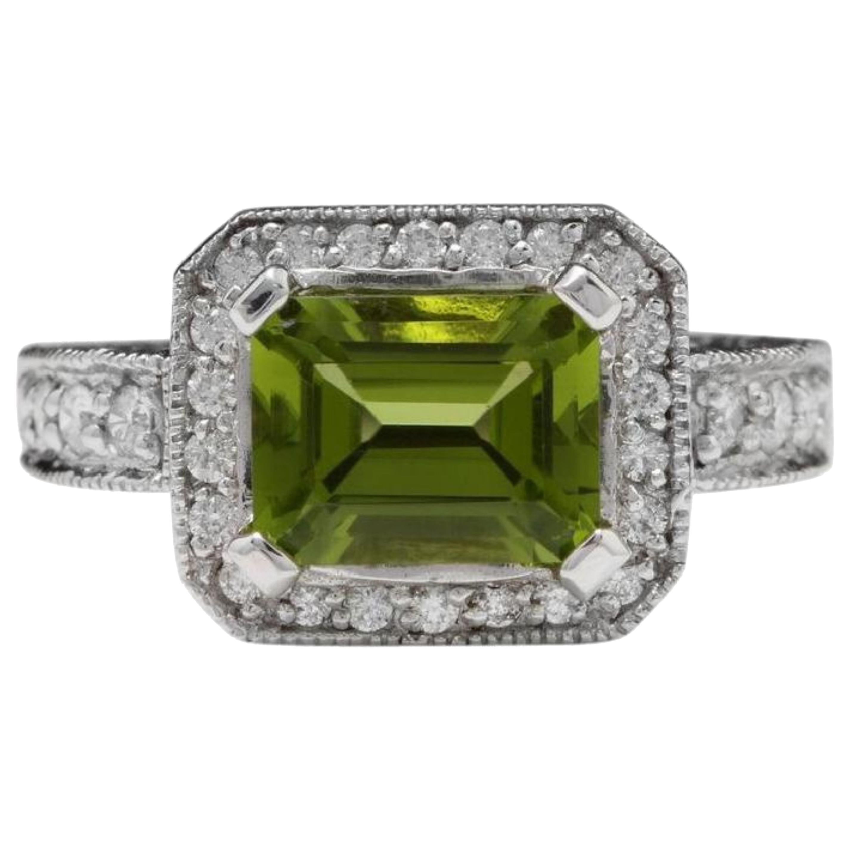 3.75 Ct Natural Very Nice Looking Peridot and Diamond 14K Solid White Gold Ring