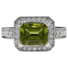 3.75 Ct Natural Very Nice Looking Peridot and Diamond 14K Solid White Gold Ring