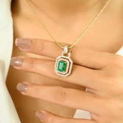 3.75 Ct. Octagon Emerald Pendant with Diamonds in 18K Yellow Gold Gift for Her