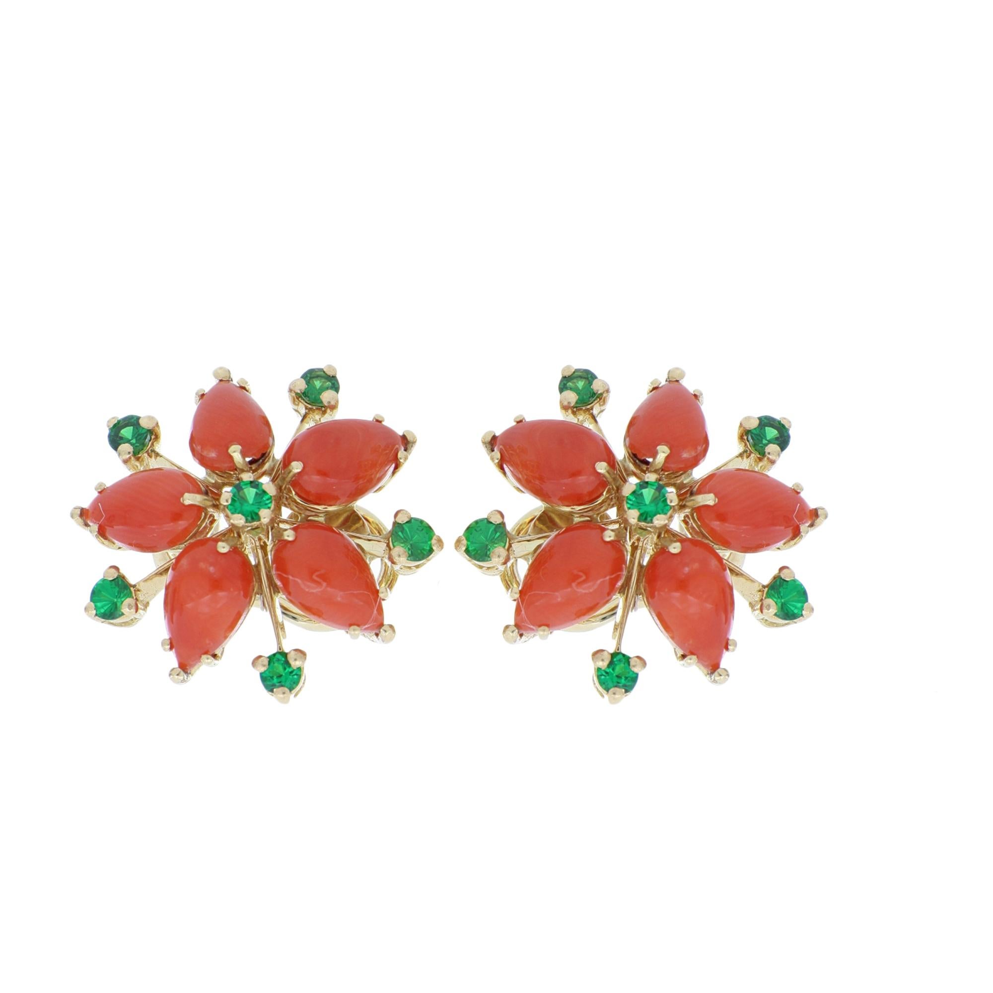 3.75 Ct Tsavorite Accents and Coral Flower Earrings in 18kt Yellow Gold For Sale 2