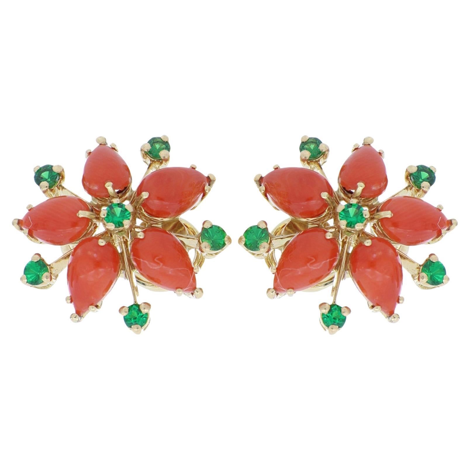 3.75 Ct Tsavorite Accents and Coral Flower Earrings in 18kt Yellow Gold For Sale