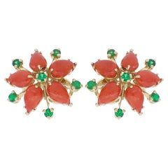 3.75 Ct Tsavorite Accents and Coral Flower Earrings in 18kt Yellow Gold