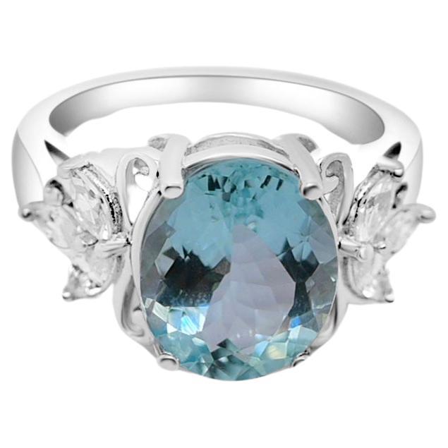 3.75 Ctw Aquamarine Cocktail Ring 925 Sterling Silver Bridal Wedding Ring  For Sale