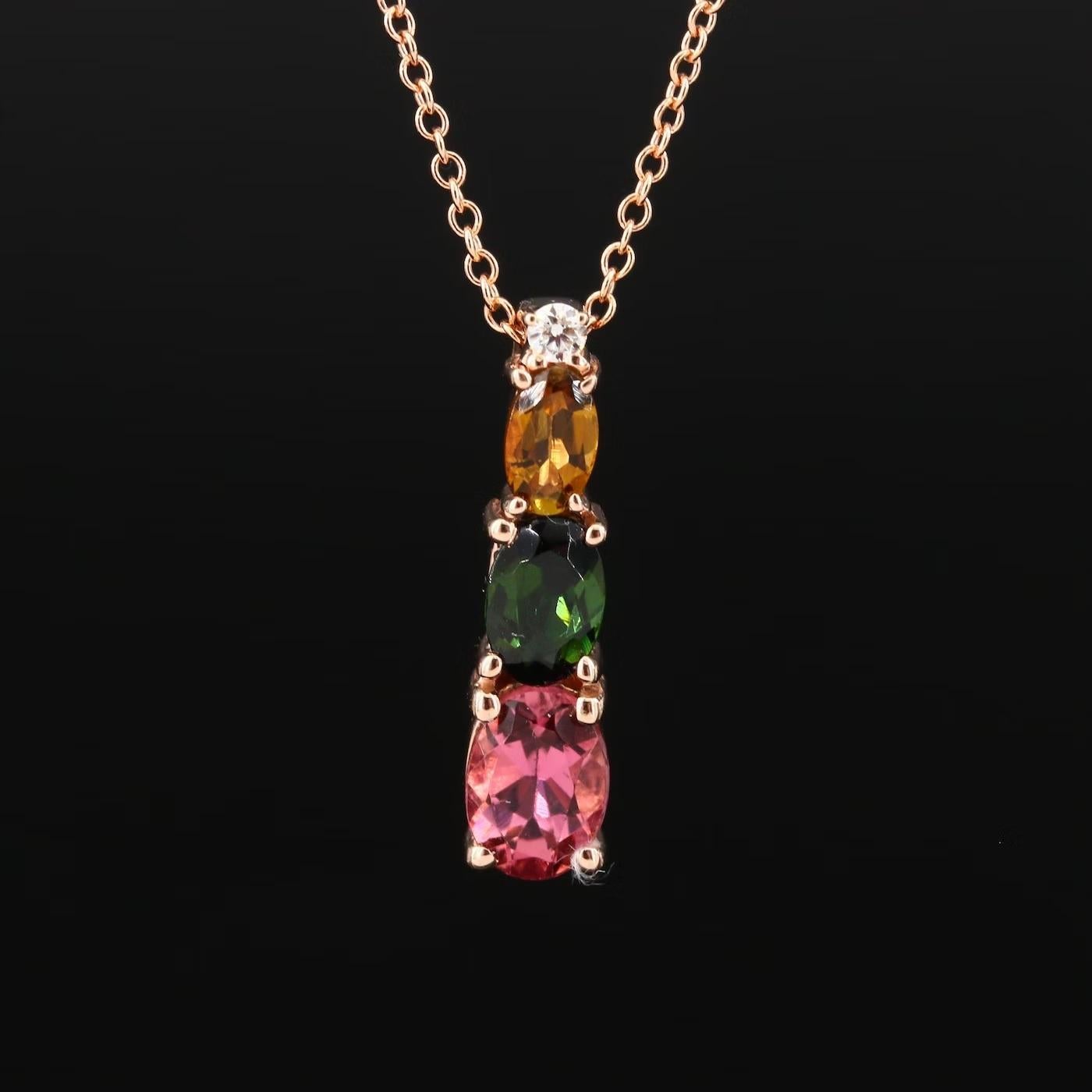 Designer EFFY necklace, stamped EFFY

Watercolors collection

NEW with tags, Tag price $3750

14K Rose gold, stamped 14K

2.35 CT of High Quality diamond and Natural multicolor Tourmaline 

Necklace chain is 18 inches, 14K

Comes with gift box
