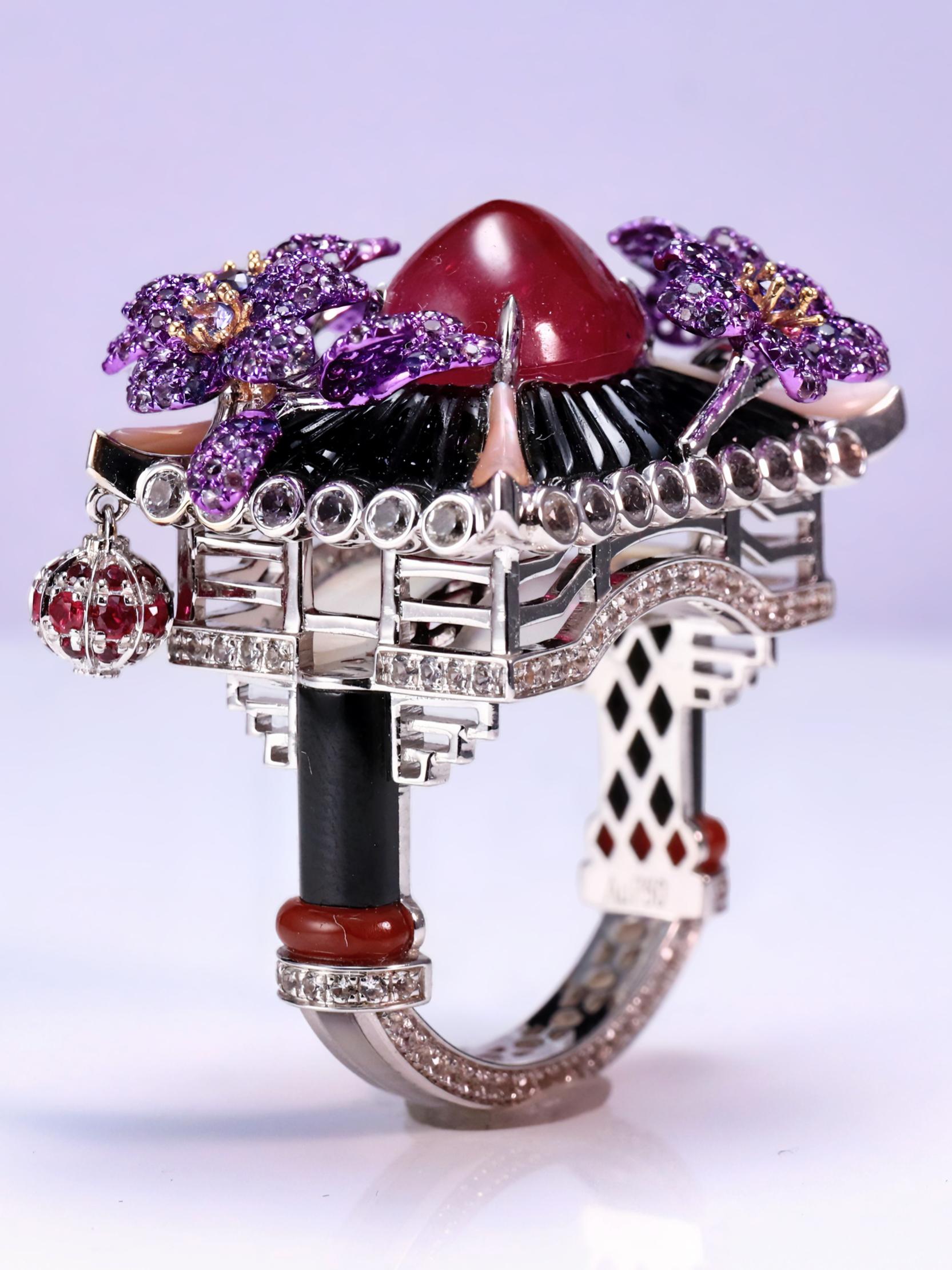 Artist Pavilion Luxury Ring High End 6.67ct Ruby Unheat Burma Unique jewelry 18K Gold For Sale