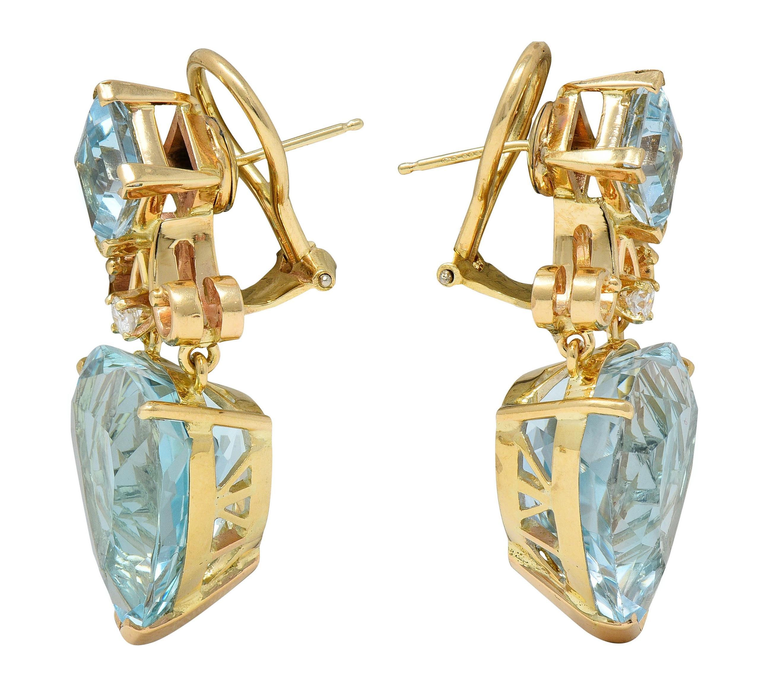 Taille cœur 37.52 CTW Aigue-marine Diamant Or jaune 14 Karat Boucles d'oreilles en forme de coeur en vente