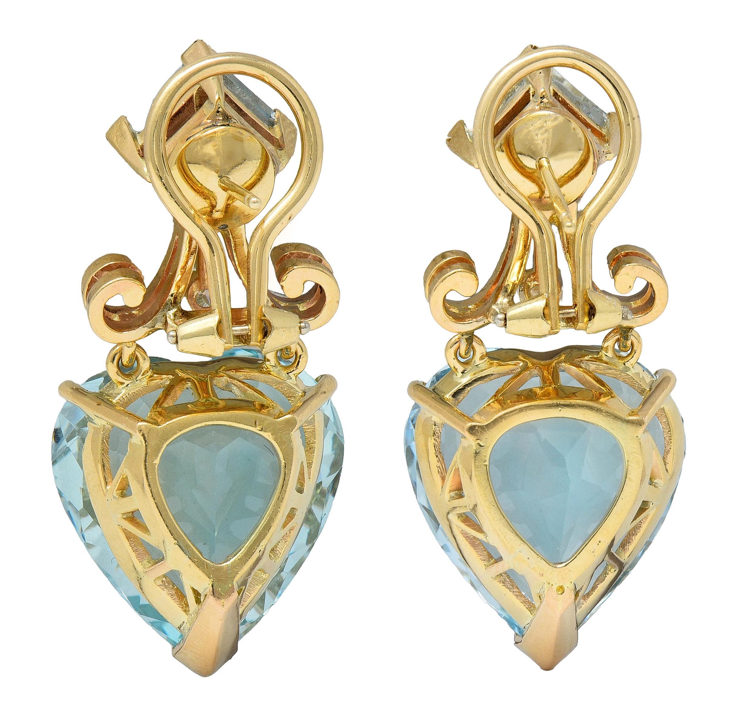 37.52 CTW Aigue-marine Diamant Or jaune 14 Karat Boucles d'oreilles en forme de coeur Excellent état - En vente à Philadelphia, PA