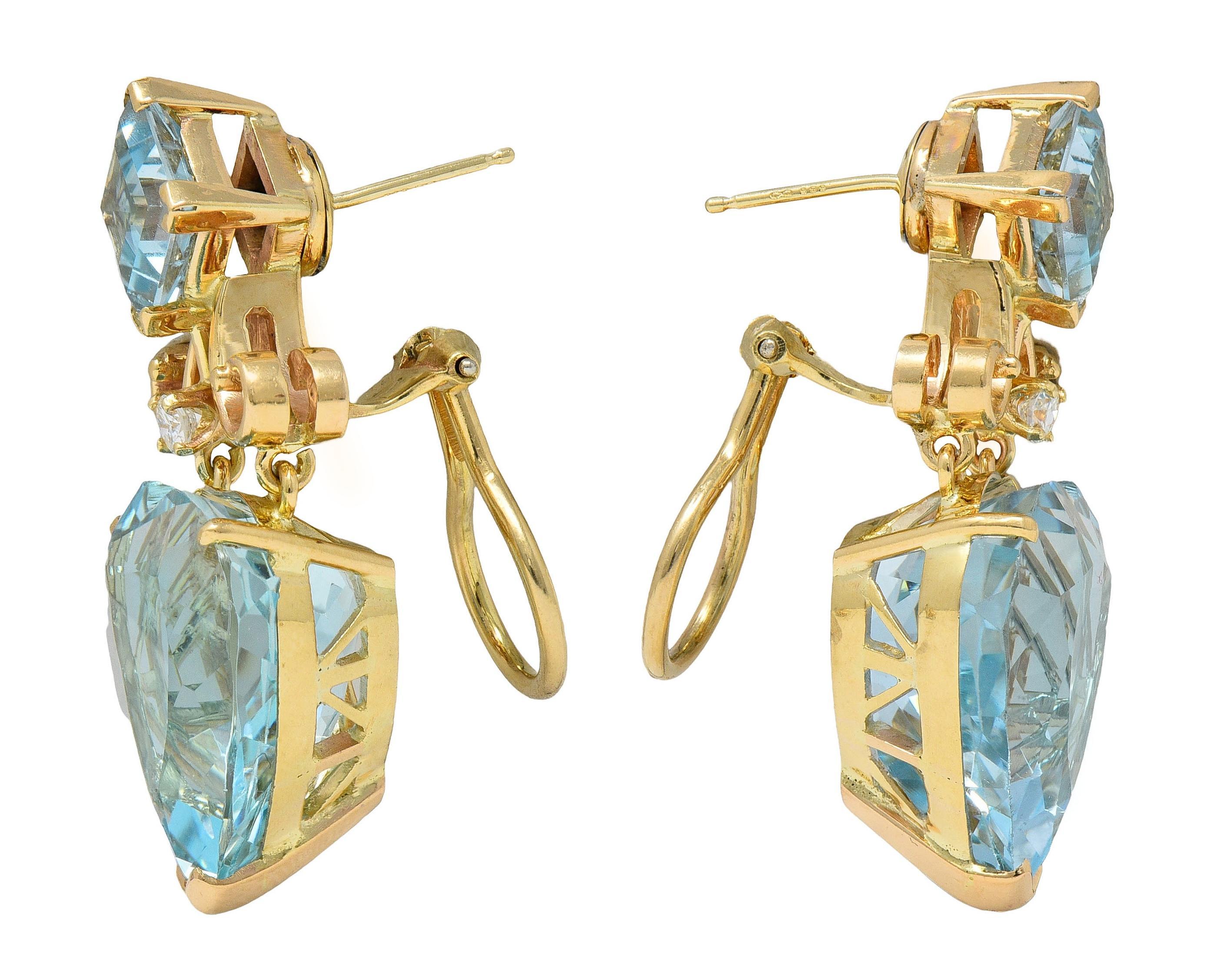 37.52 CTW Aigue-marine Diamant Or jaune 14 Karat Boucles d'oreilles en forme de coeur Unisexe en vente