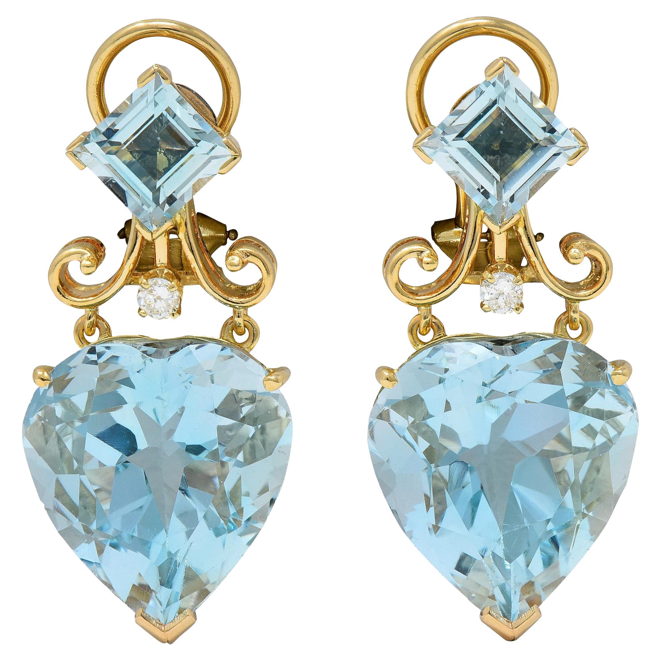 37.52 CTW Aquamarine Diamond 14 Karat Yellow Gold Heart Drop Earrings