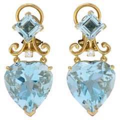 37.52 CTW Aquamarine Diamond 14 Karat Yellow Gold Heart Drop Earrings