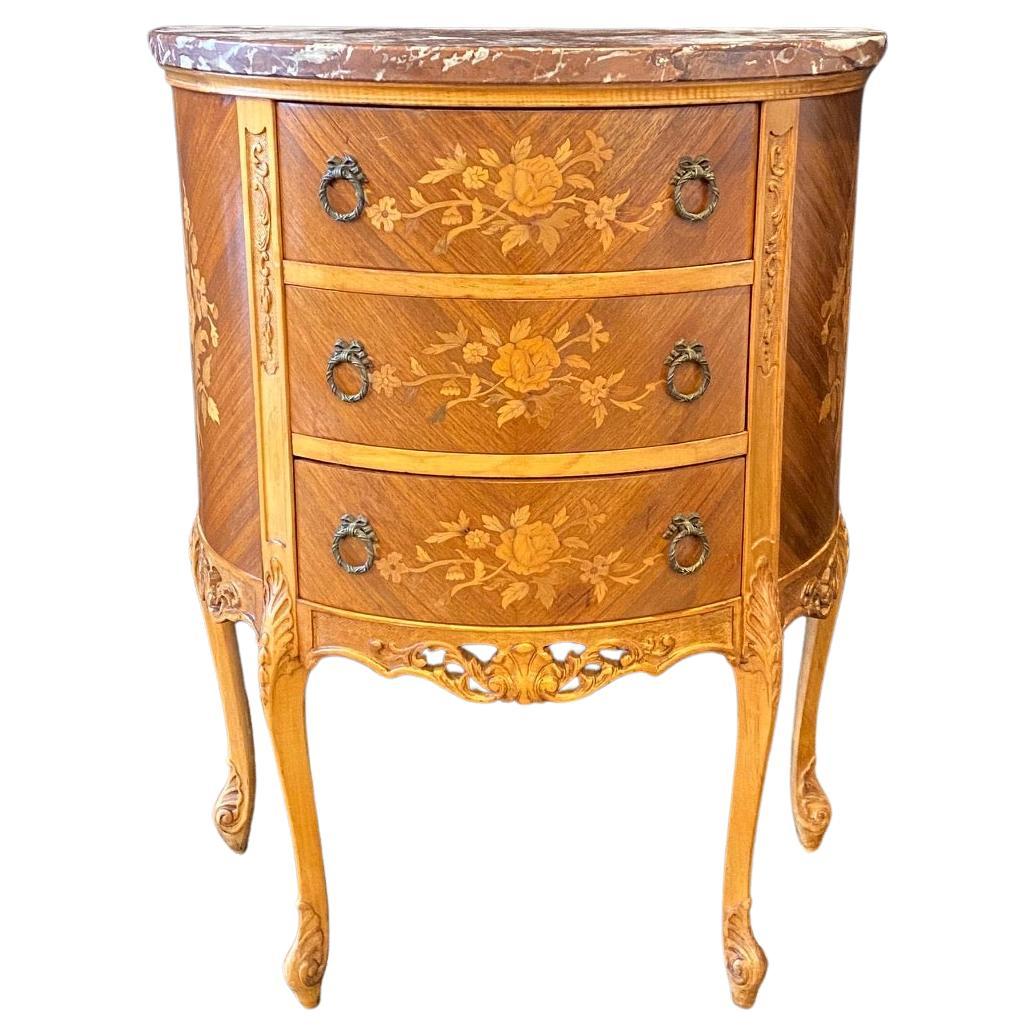 #3755: French Louis XV Elegant Demilune Marble Top Side Table & Petite Cabinet