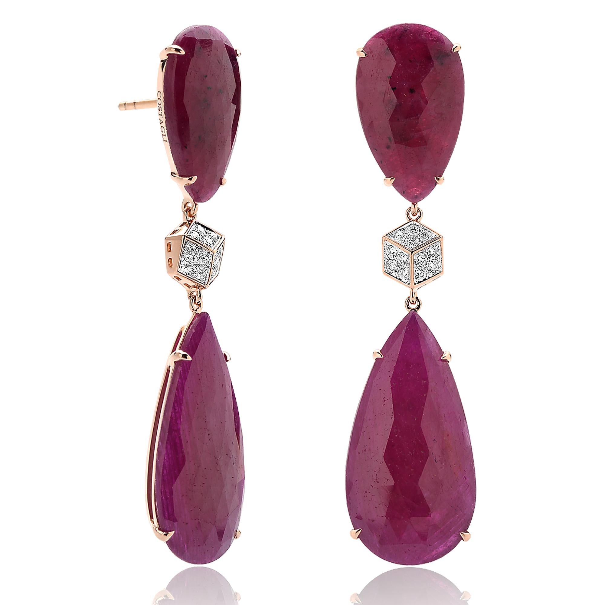 Pear Cut Paolo Costagli 37.57 Carat Ruby and Diamond Earrings in 18 Karat Rose Gold For Sale