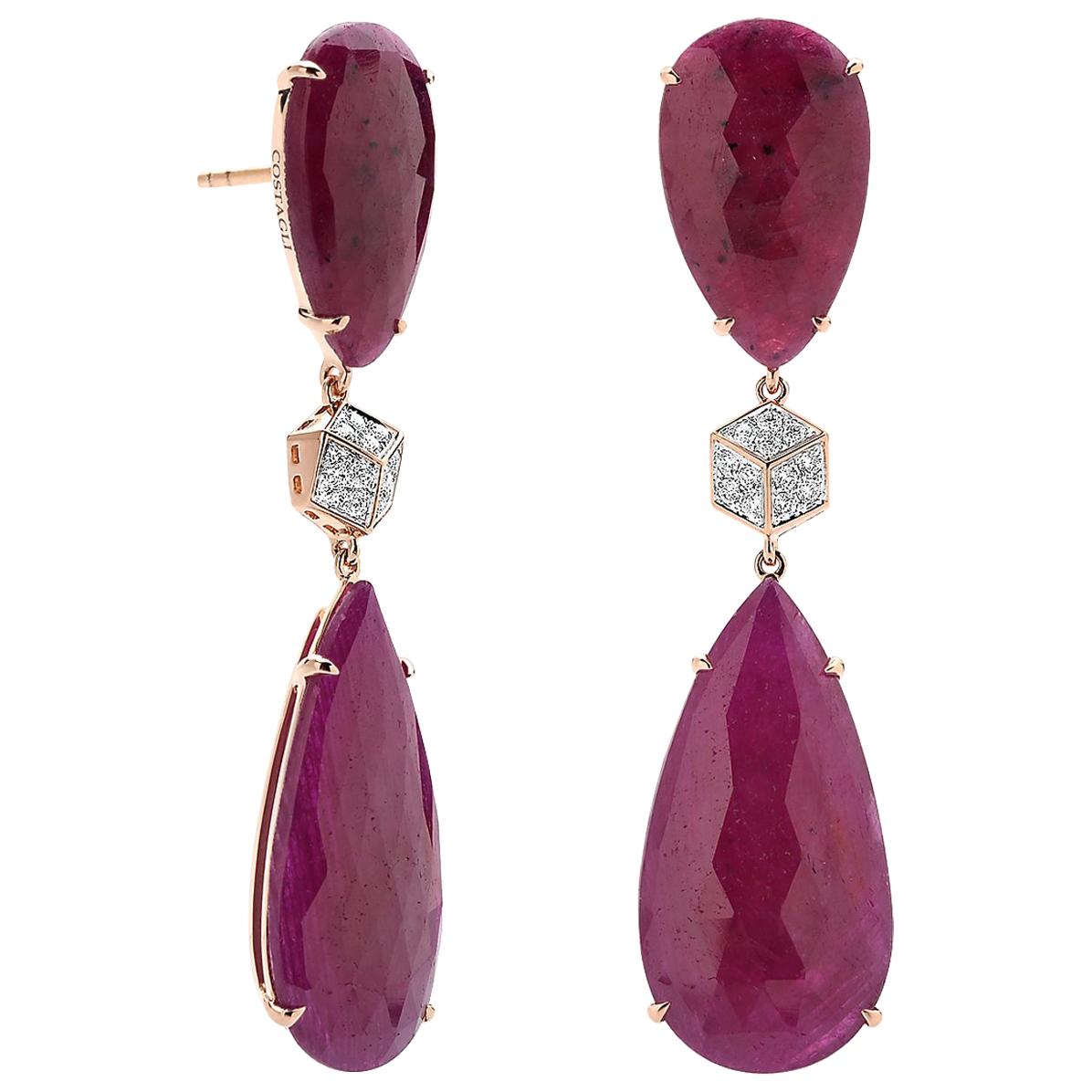 Paolo Costagli 37.57 Carat Ruby and Diamond Earrings in 18 Karat Rose Gold For Sale