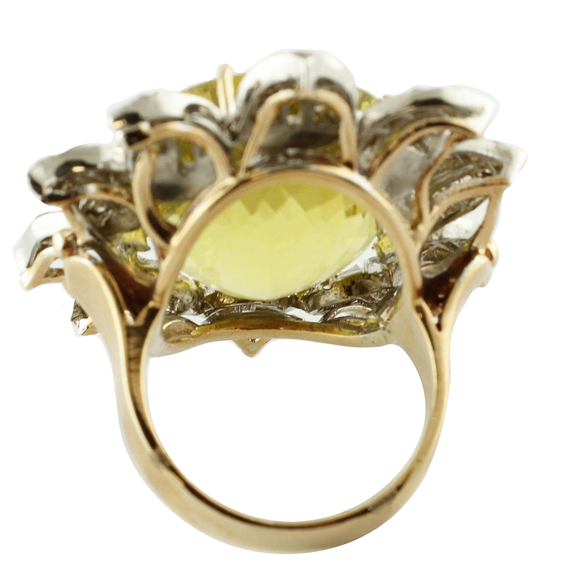 Retro 37.58 ct Lemon Citrine, 2.23 ct Diamonds, Rose Gold Silver Flower Fashion Ring 