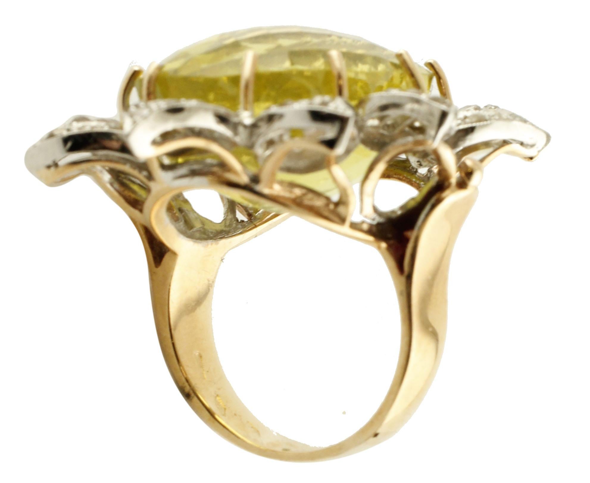 37.58 ct Lemon Citrine, 2.23 ct Diamonds, Rose Gold Silver Flower Fashion Ring  In Excellent Condition In Marcianise, Marcianise (CE)