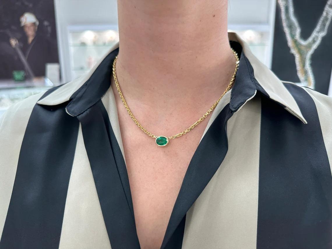 3.75ct 14K Natural Rich Dark Green Oval Cut Emerald 3.0mm Anchor Chain Necklace In New Condition For Sale In Jupiter, FL