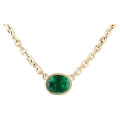 Used 3.75ct 14K Natural Rich Dark Green Oval Cut Emerald 3.0mm Anchor Chain Necklace