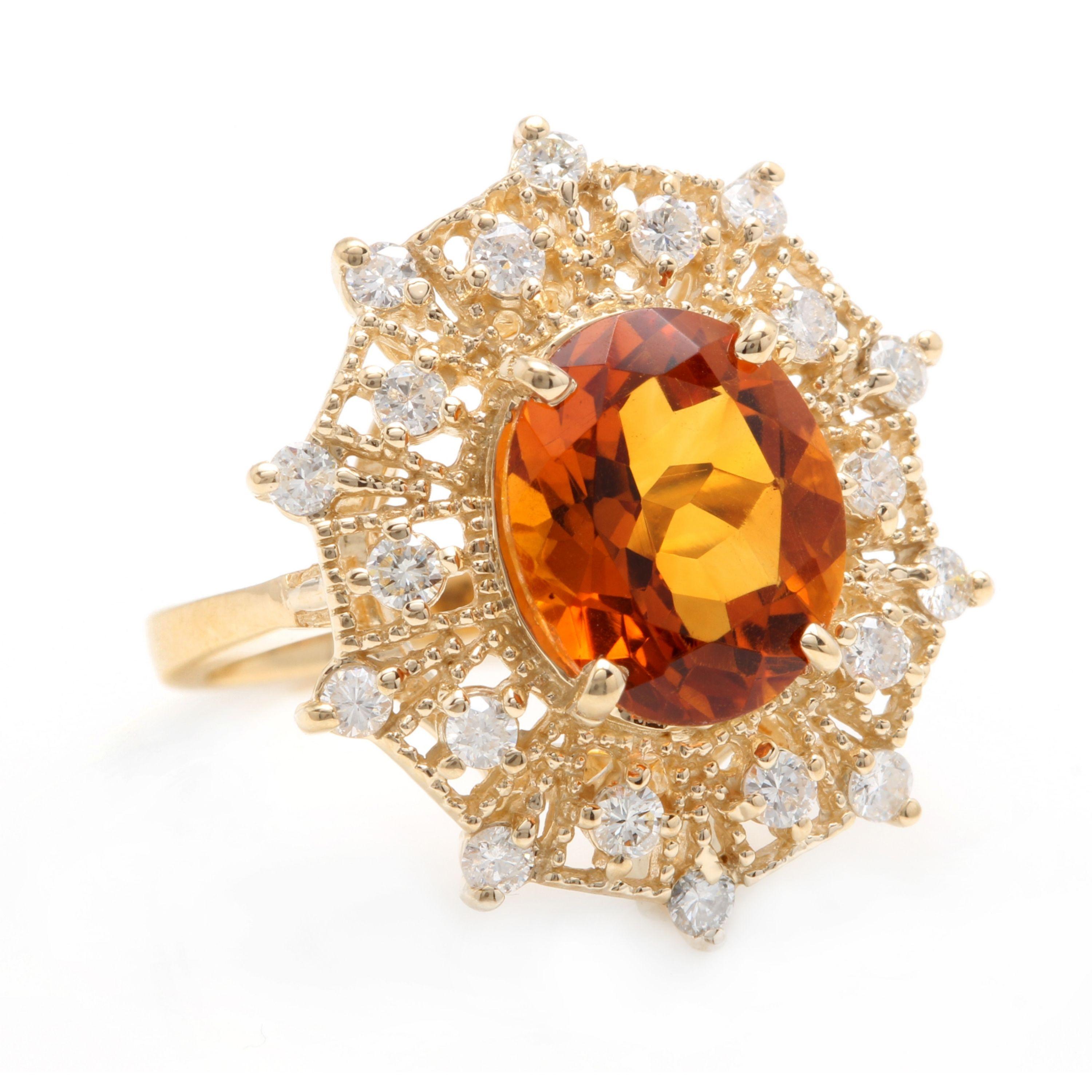 3.75 Carats Exquisite Natural Madeira Citrine and Diamond 14K Solid Yellow Gold Ring

Total Natural Citrine Weight is: 3.00 Carats

Citrine Measures: 10.00 x 8.00mm

Natural Round Diamonds Weight: .75 Carats (color G-H / Clarity Si1-SI2)

Ring size: