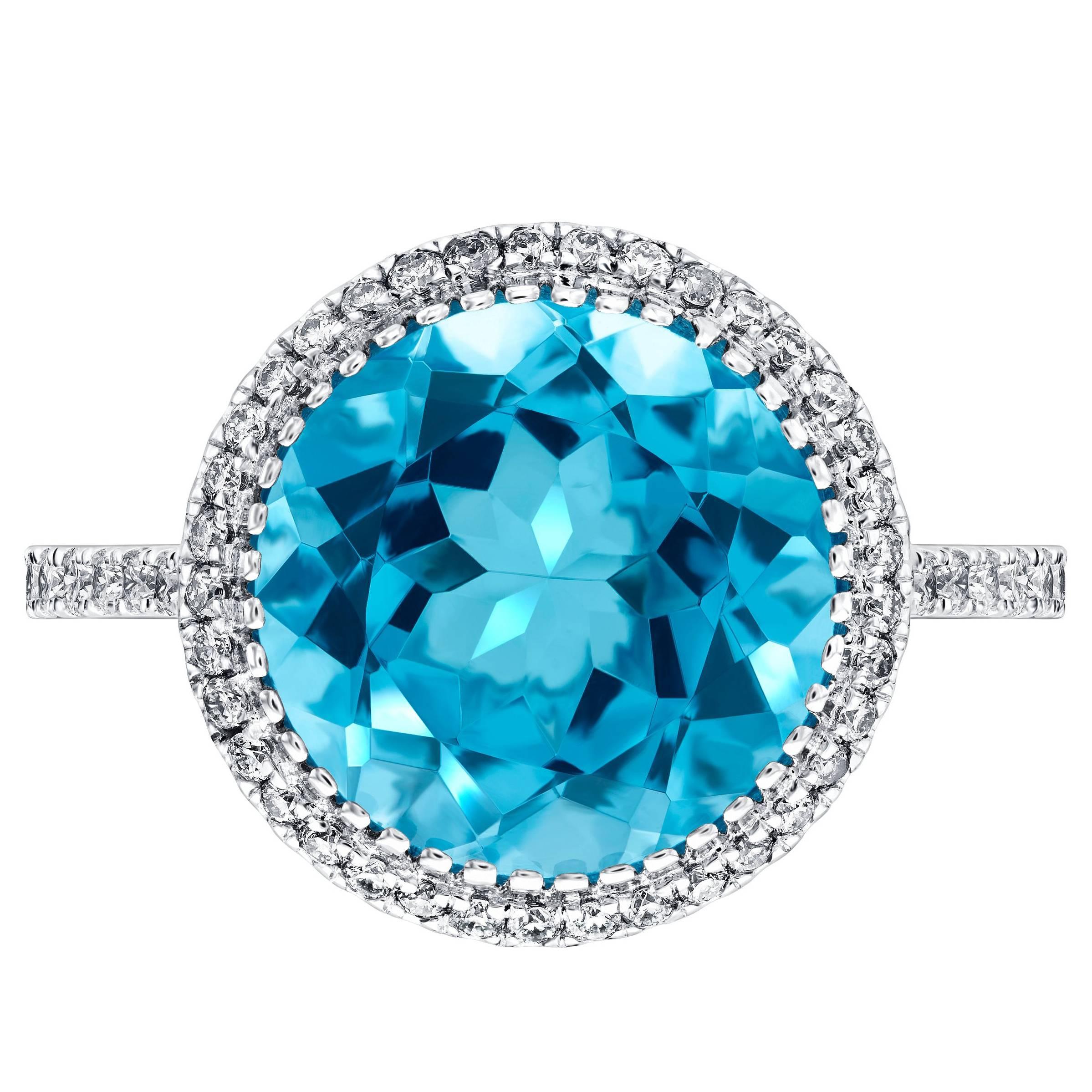 3.75 Carat Round Blue Topaz Engagement Ring 0.38 ct Diamond  18kt White Gold For Sale