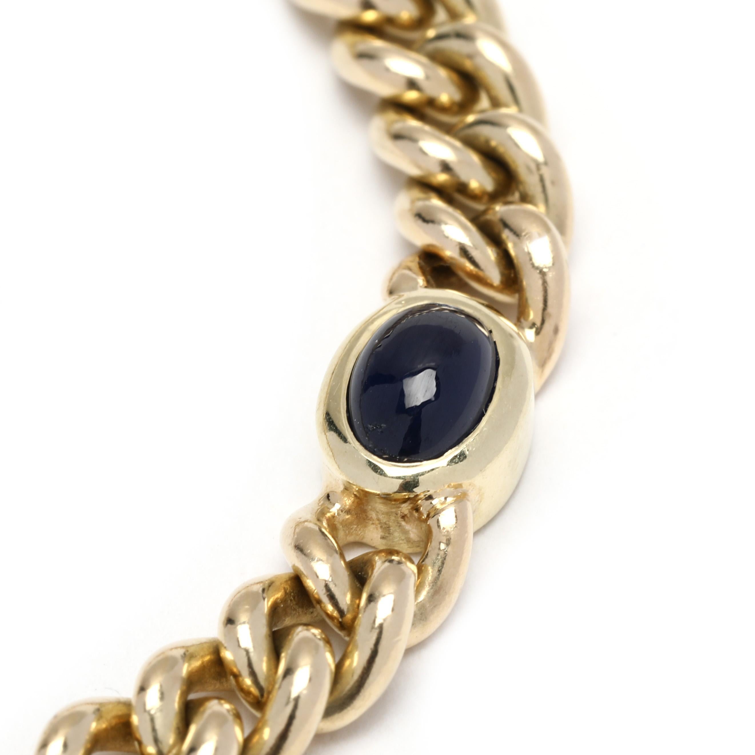 This luxurious 3.75ctw bezel sapphire curb link bracelet is a show-stopping piece that will take any outfit to the next level. The bracelet, crafted from solid 14K yellow gold, measures 7 3/8 inches in length and showcases an array of sparkling