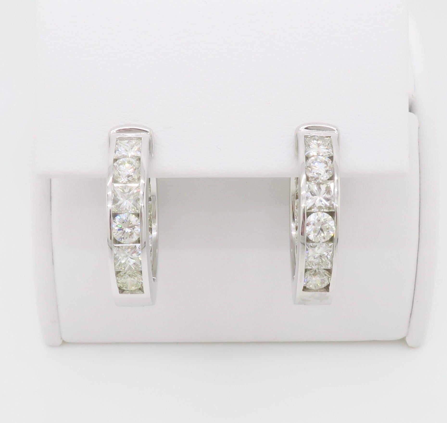 Mixed Cut 3.75CTW Princess & Round Diamond Inside Out Hoop Earrings For Sale