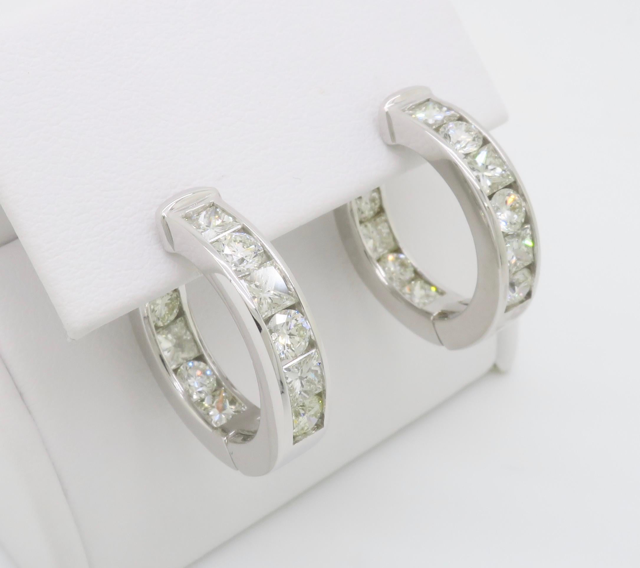 Women's or Men's 3.75CTW Princess & Round Diamond Inside Out Hoop Earrings For Sale