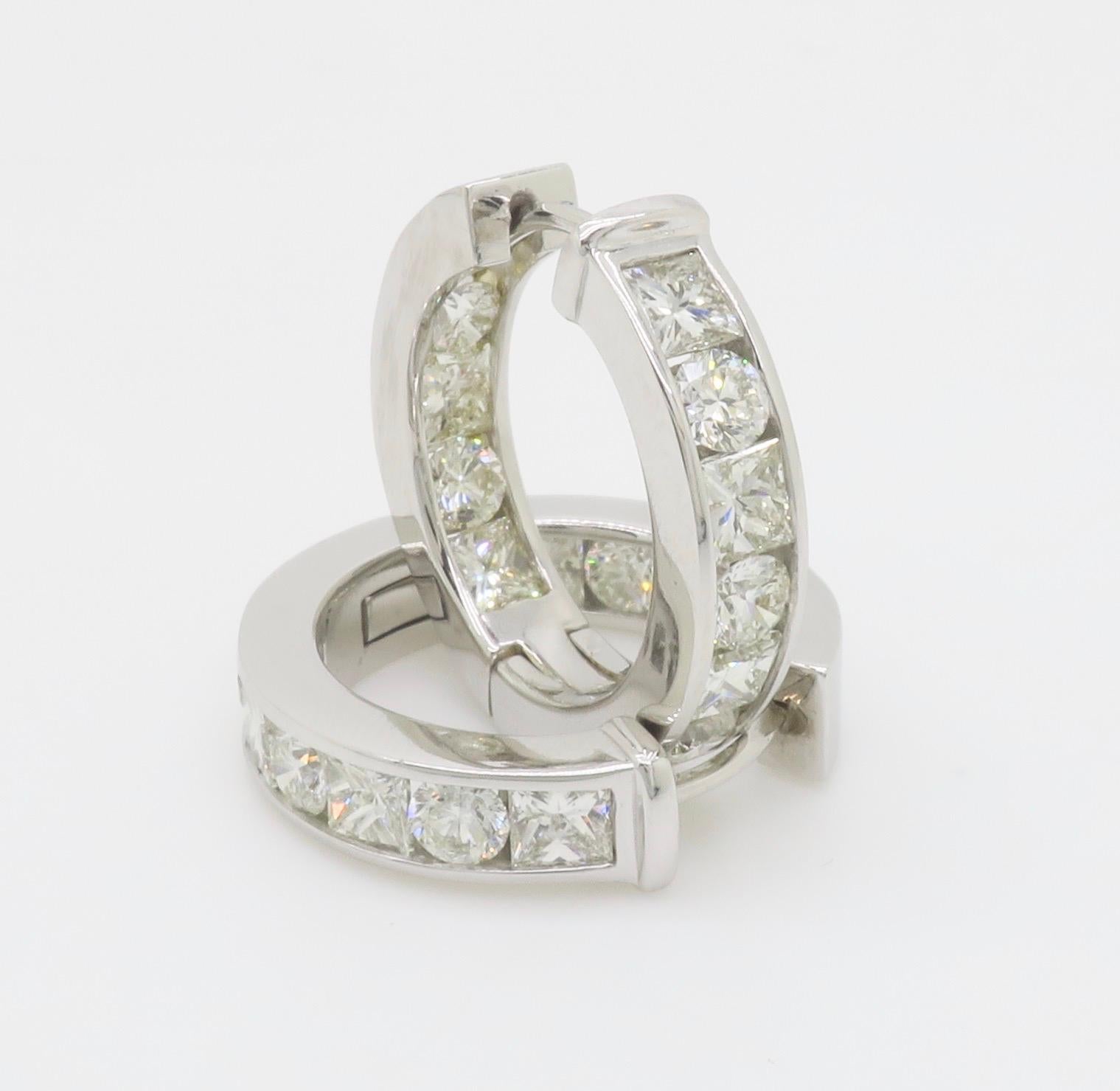 3.75CTW Princess & Round Diamond Inside Out Hoop Earrings For Sale 2