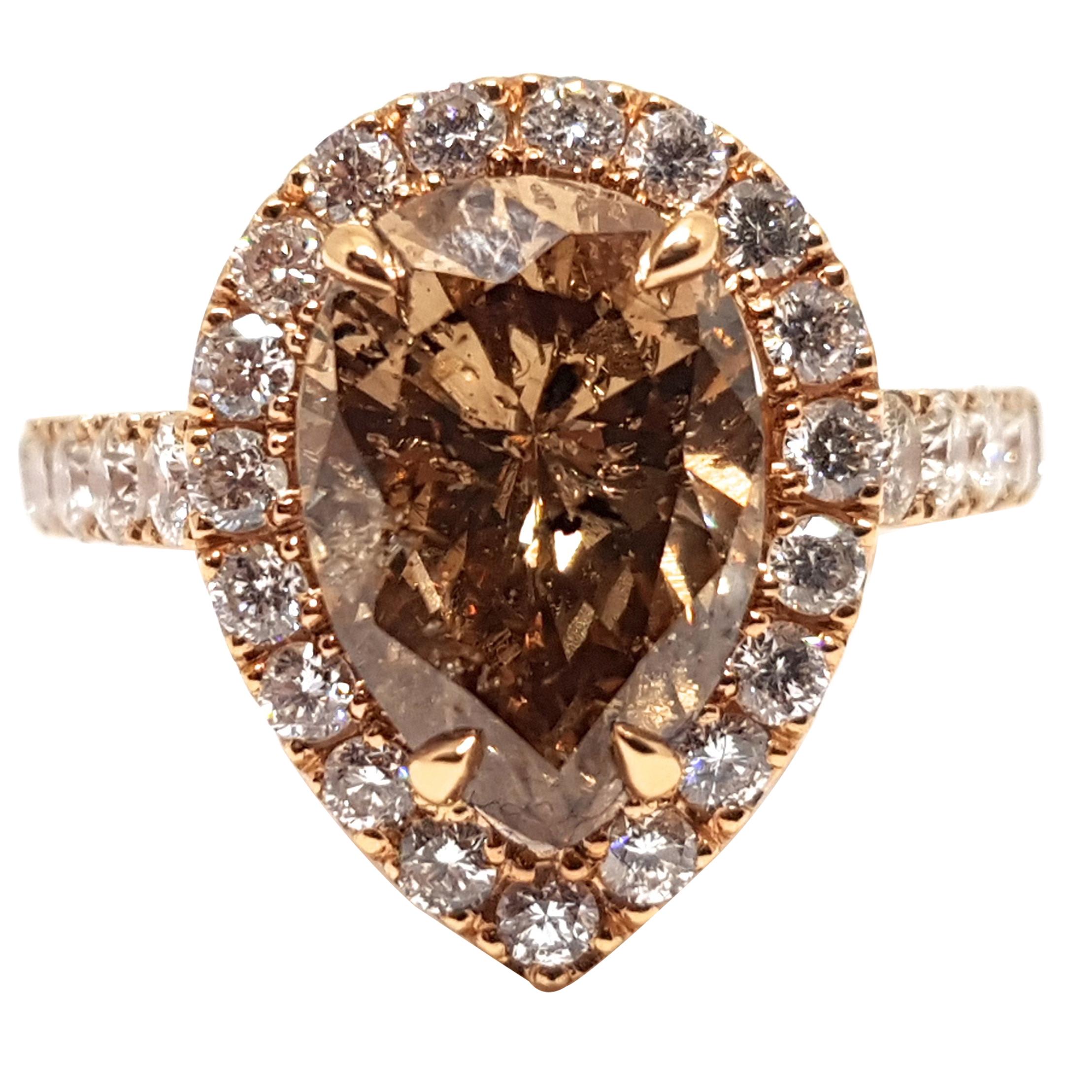 3.76 Carat 18 Karat Pink Rose Gold White Fancy Brown Diamond Engagement Ring For Sale