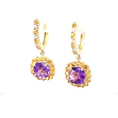 14K Yellow Gold Drop Earrings with 2.40ct Amethyst and Sapphires