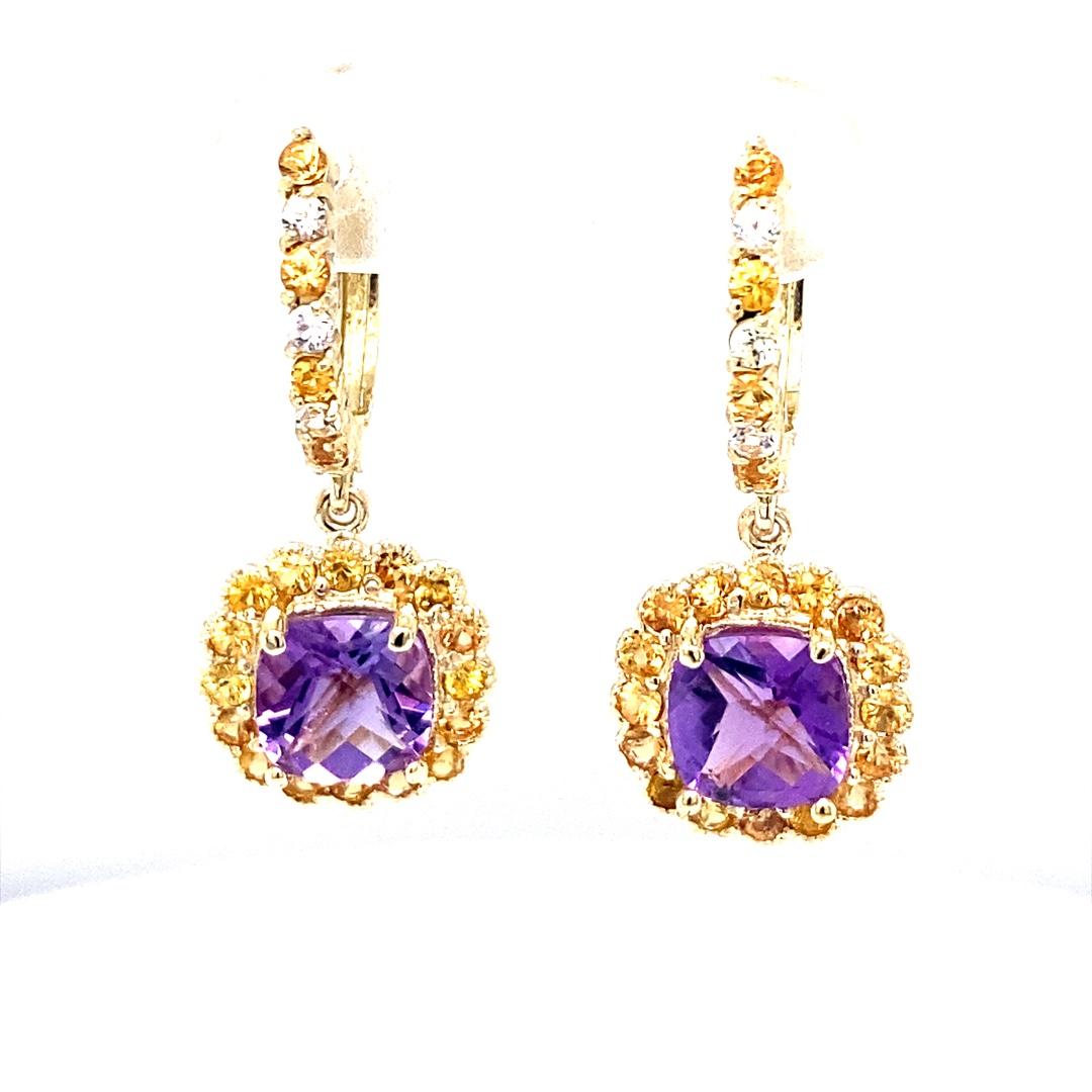 Contemporary Amethyst Sapphire 14K Yellow Gold Drop Earrings For Sale