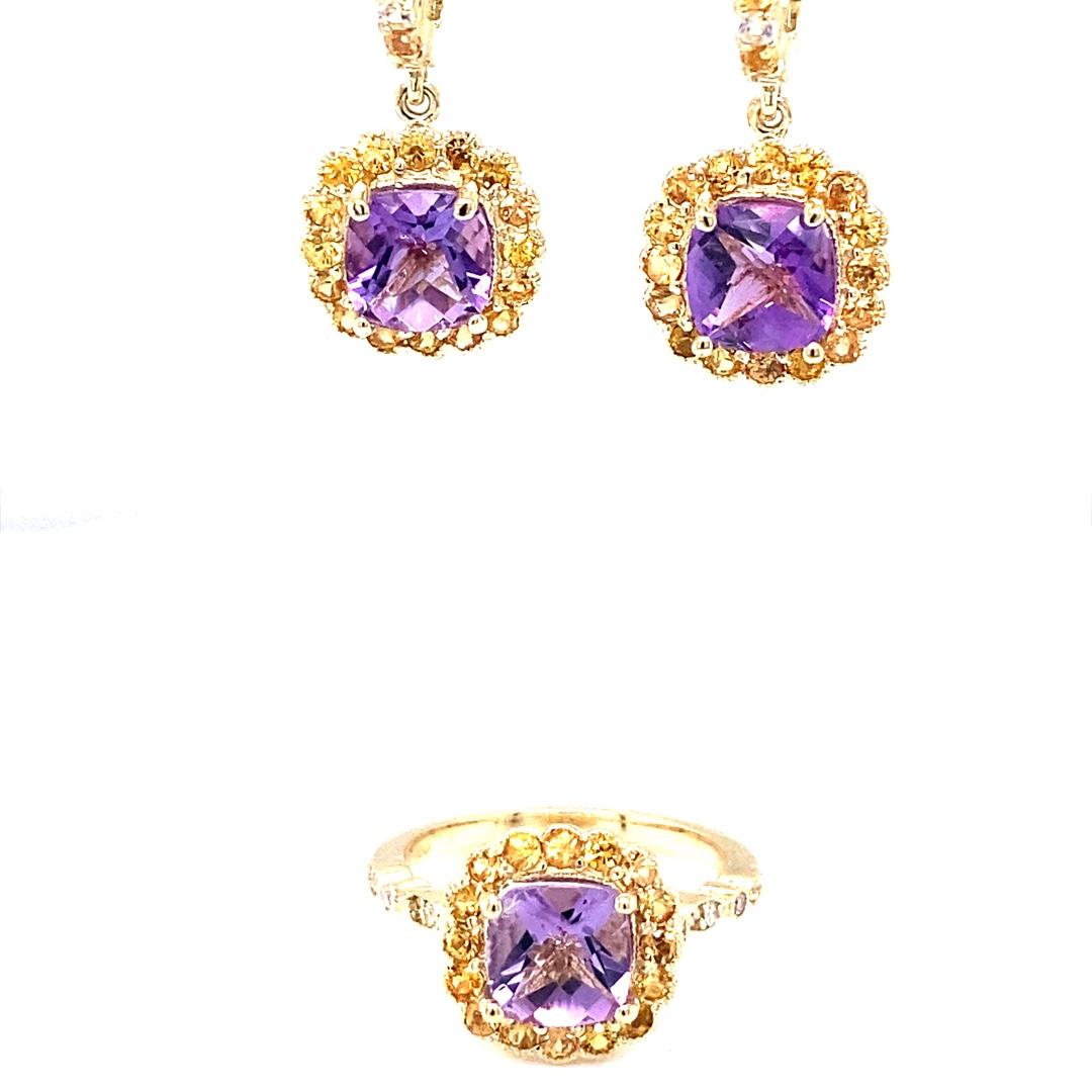 Amethyst Sapphire 14K Yellow Gold Drop Earrings In New Condition For Sale In Los Angeles, CA