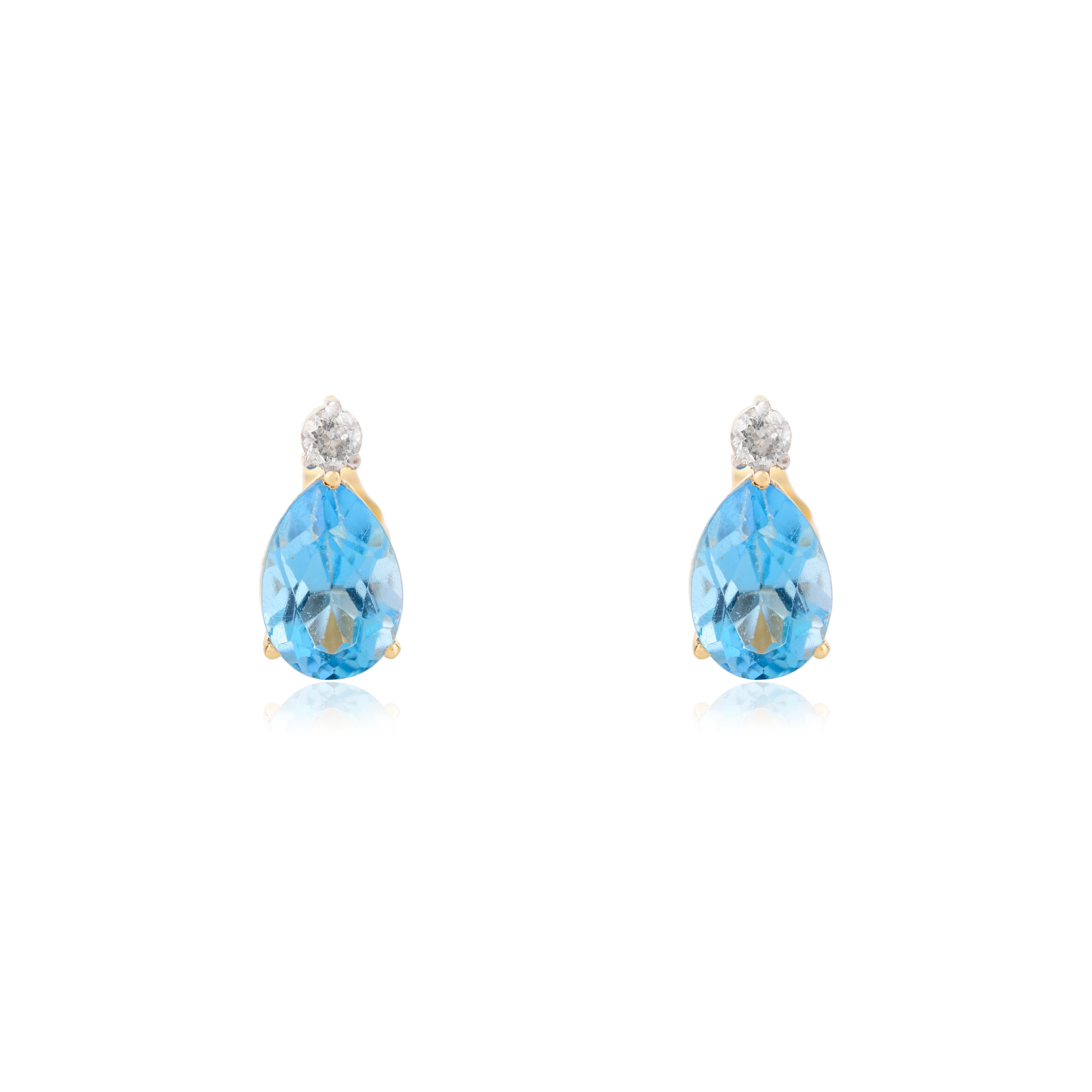 3.76 CTW Blue Topaz Diamond Earring Pendentif en or jaune massif 18k en vente 6