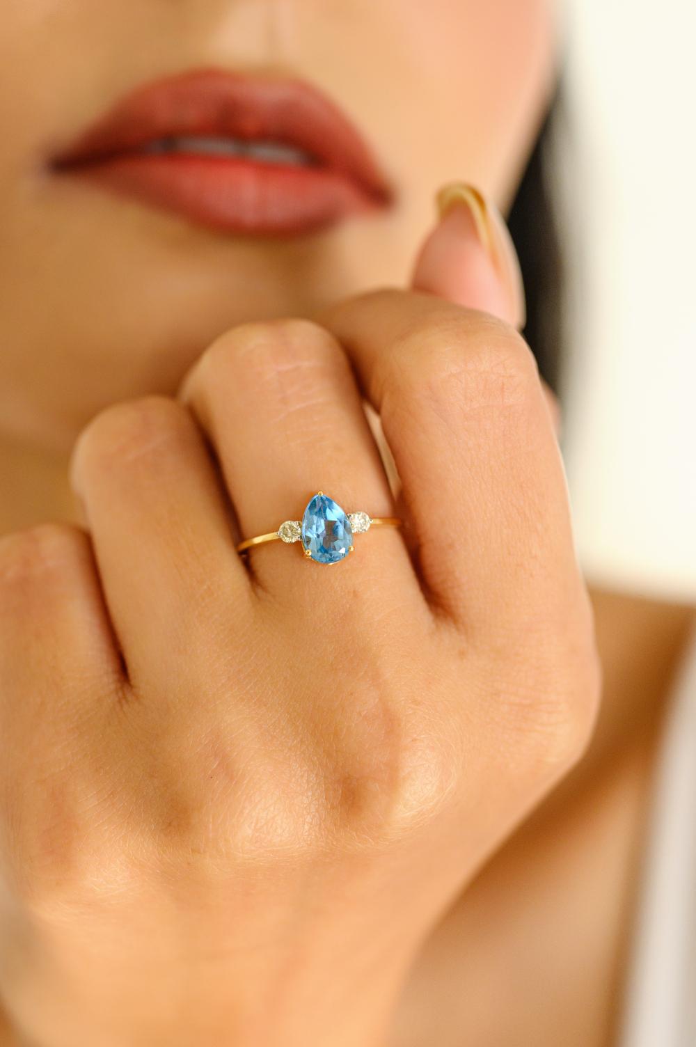 3.76 CTW Blue Topaz Diamond Earring Pendentif en or jaune massif 18k en vente 8
