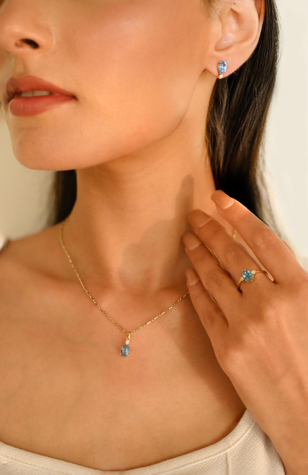 3.76 CTW Blue Topaz Diamond Earring Pendentif en or jaune massif 18k en vente 11