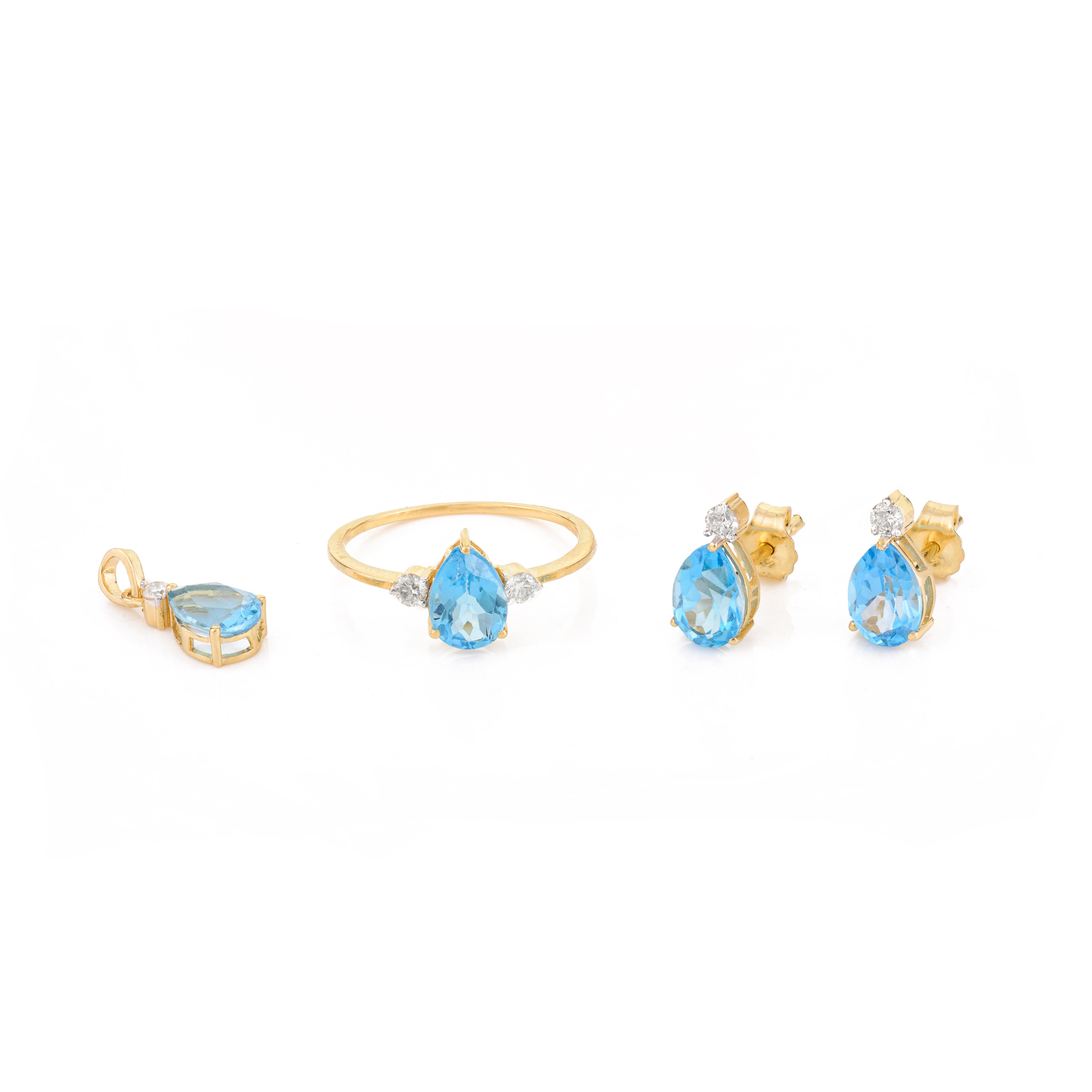 Moderne 3.76 CTW Blue Topaz Diamond Earring Pendentif en or jaune massif 18k en vente