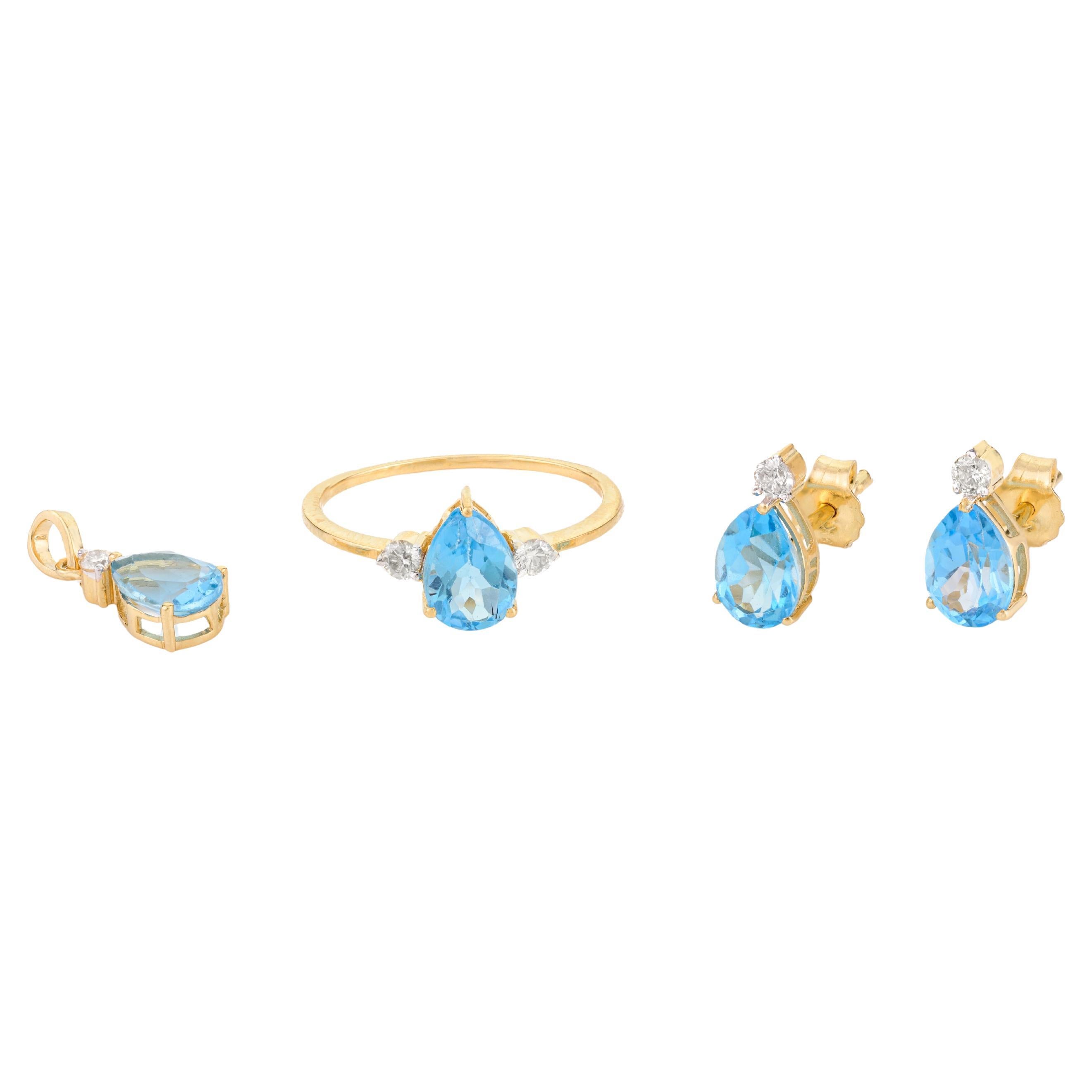 3.76 CTW Blue Topaz Diamond Earring Pendant Ring in Solid 18k Yellow Gold