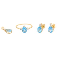3.76 CTW Blue Topaz Diamond Earring Pendentif en or jaune massif 18k