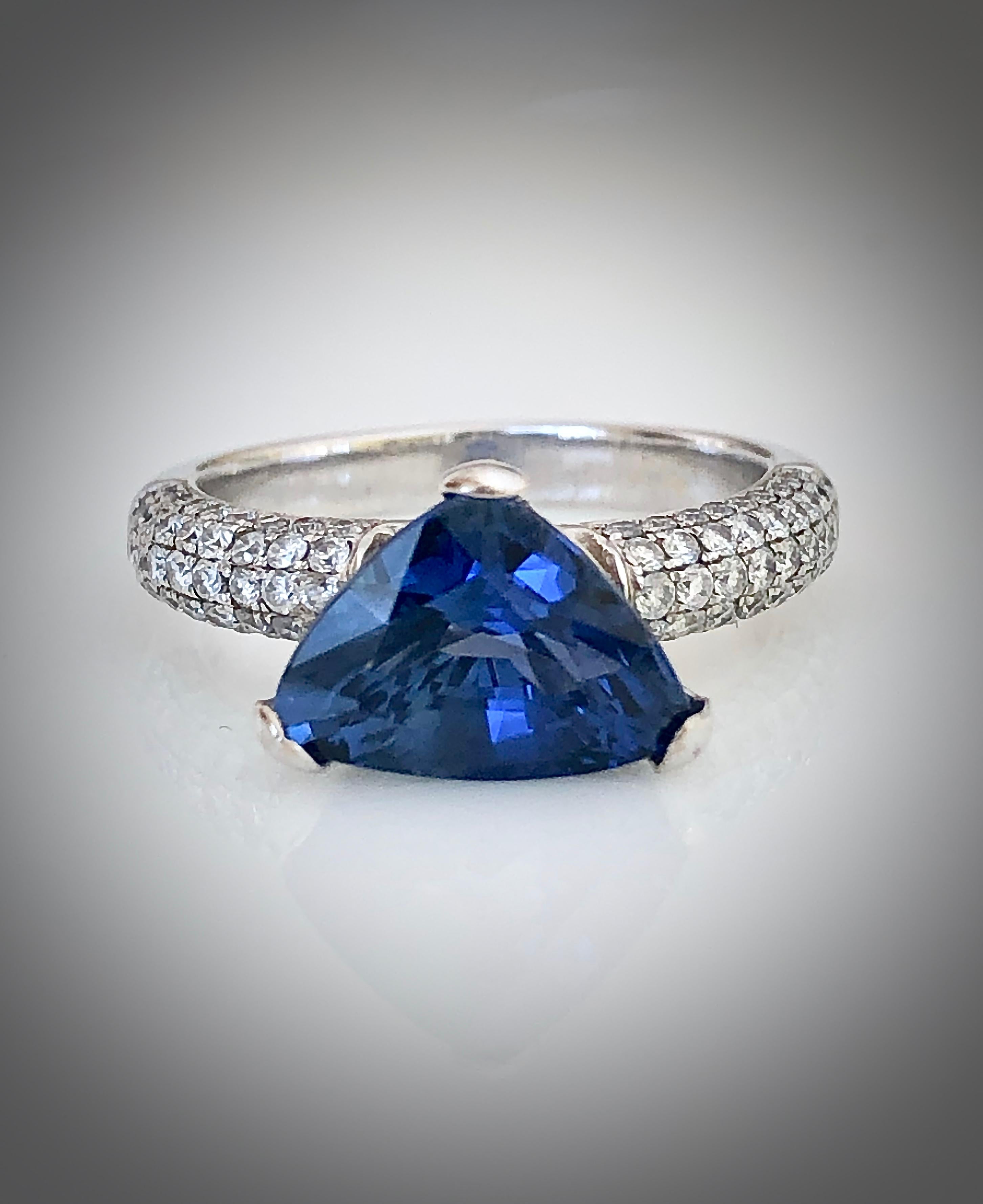 Trillion Cut 3.76 Carat Sapphire Diamond Engagement Ring 18 Karat White Gold For Sale
