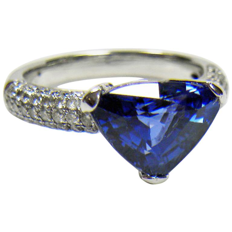 Trillion Cut 3.76 Carat Sapphire Diamond Engagement Ring 18 Karat White Gold For Sale