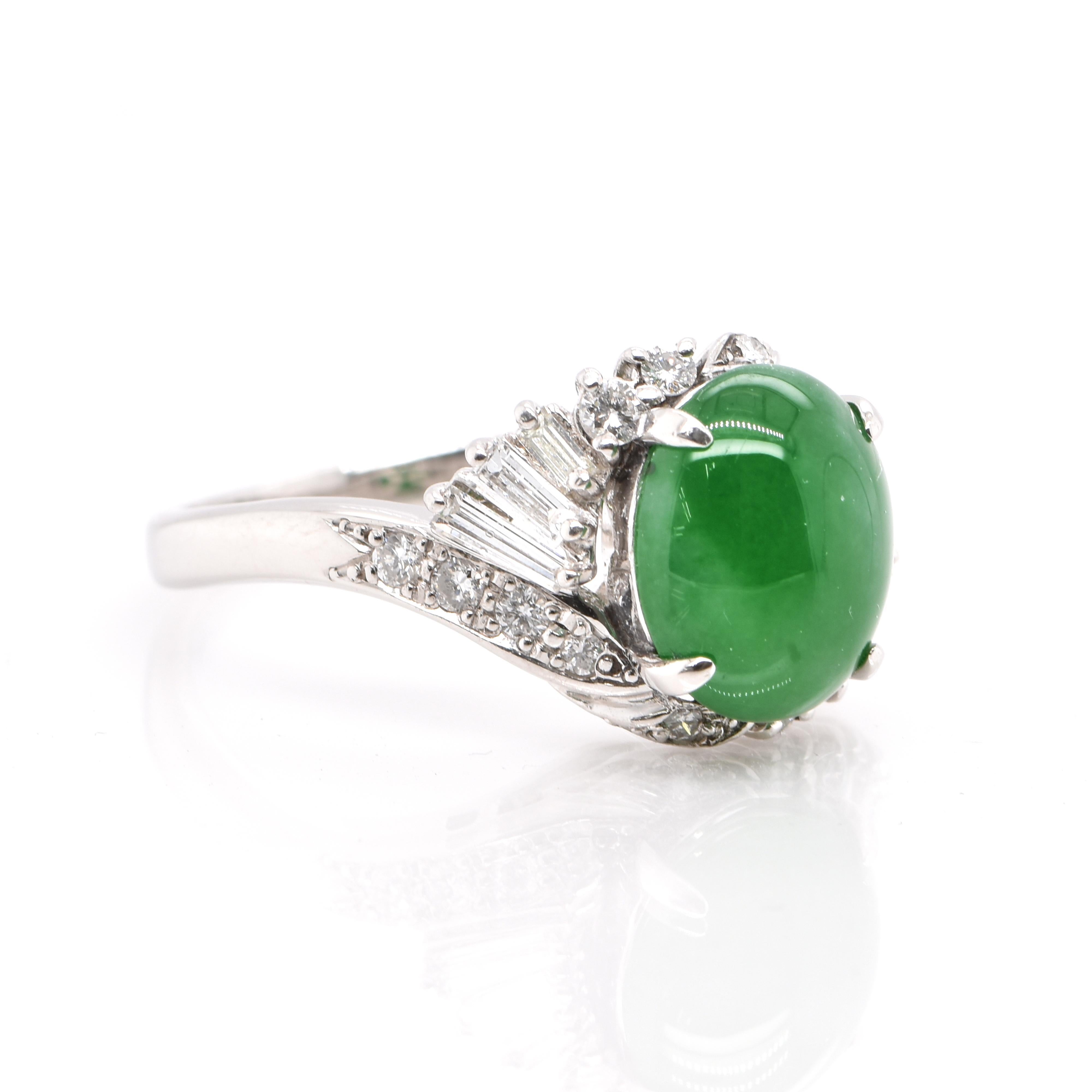 A beautiful Ring featuring a 3.76 Carat, Natural Jadeite and 0.51 Carats of Diamond Accents set in Platinum. Jadeite has been cherished for millennia. Its nature is pure and enduring, yet sensuous and luxurious. Jadeite’s exceptional look and feel,