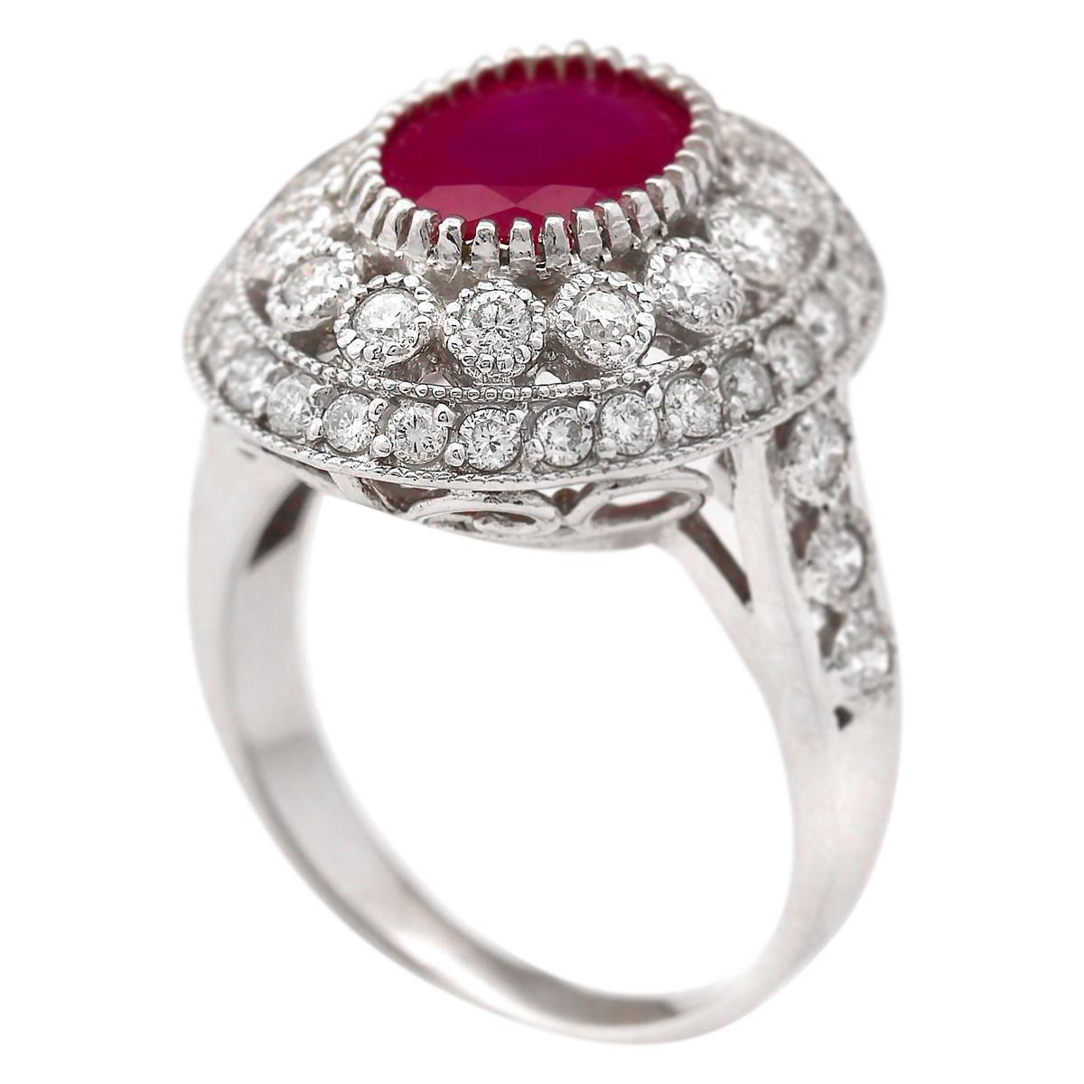 Oval Cut Natural Ruby Diamond Ring In 14 Karat White Gold  For Sale