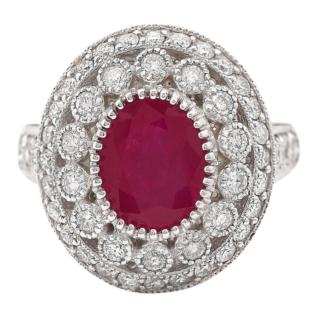 Natural Ruby Diamond Ring In 14 Karat White Gold  For Sale